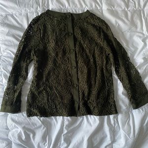Olive Green Lace Button Up Top, Size Medium